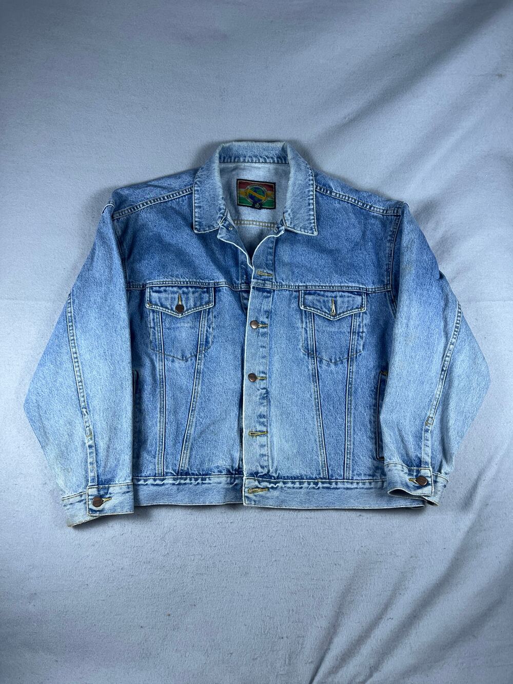 Vintage 90s Structure Denim Jacket Men XL Blue Light Wash Trucker Classic Grunge